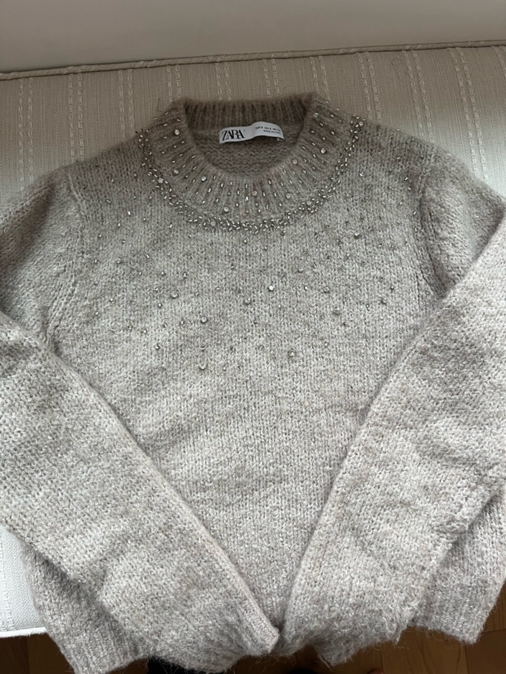 ZARA Beige Beaded Mohair-Blend Crew Neck Sweater